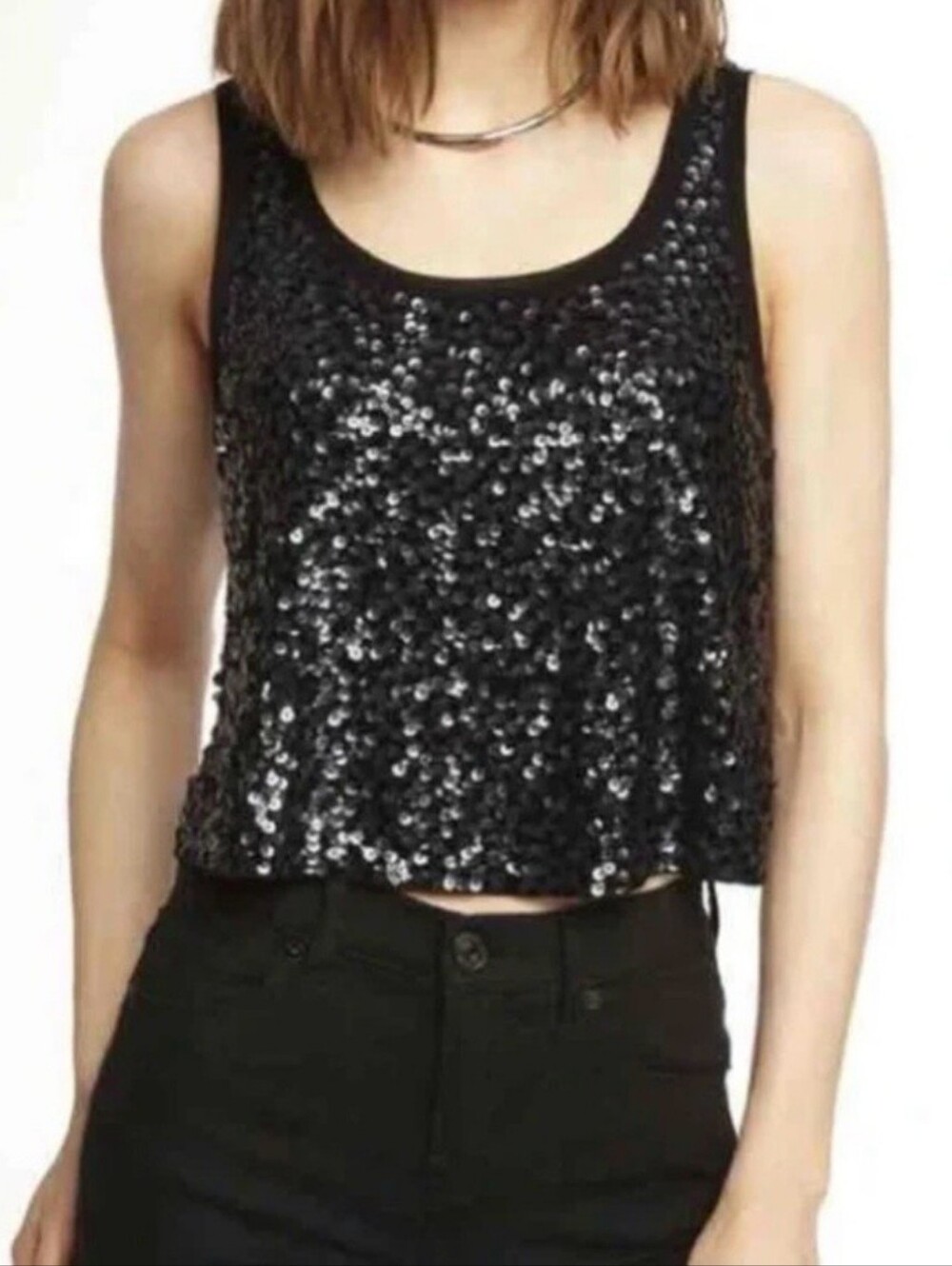 Express Black Sequin Scoop Neck Tank Small